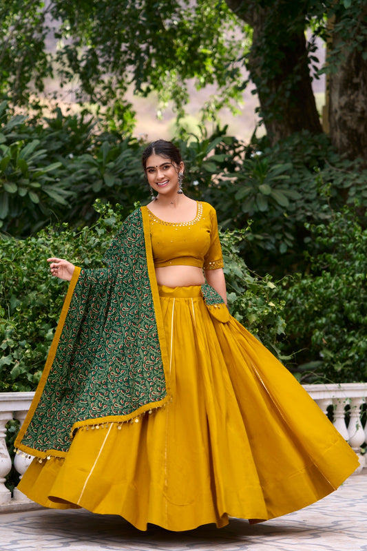 Mustard Color Printed Pure Cotton Lehenga Choli