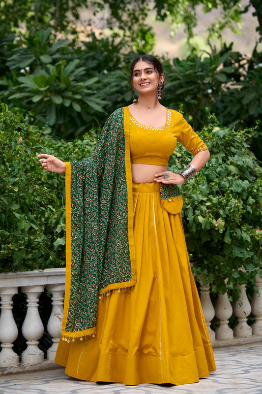 Mustard Color Printed Pure Cotton Lehenga Choli