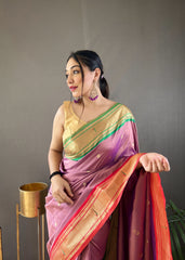 Lavender Elegant Paithani Weaving Saree with Ganga Jamuna Border: Rich Pallu, All-Over Buttis & Unstitched Blouse Piece.