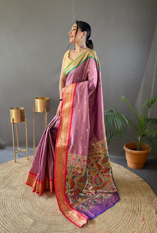 Lavender Paithani Weaving Saree with Ganga Jamuna Border