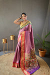 Lavender Elegant Paithani Weaving Saree with Ganga Jamuna Border: Rich Pallu, All-Over Buttis & Unstitched Blouse Piece.