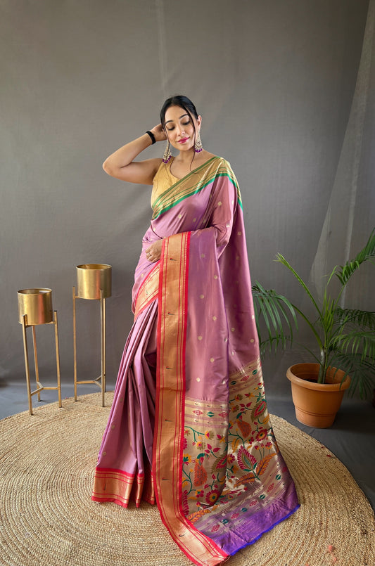 Lavender Paithani Weaving Saree with Ganga Jamuna Border