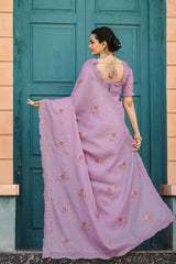 Lavender Tussar Cotton Saree with Floral Sequins Embroidery