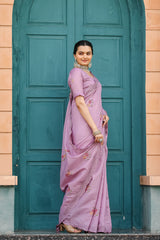 Lavender Tussar Cotton Saree with Floral Sequins Embroidery