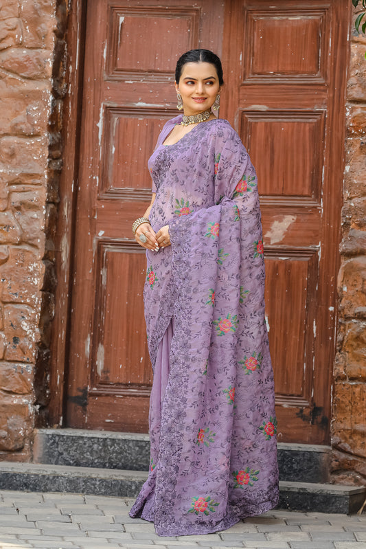 Lavender Pure Shiny Zari Chiffon Saree with Intricate Cutwork and Embroidery