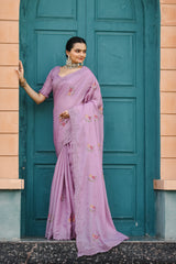 Lavender Tussar Cotton Saree with Floral Sequins Embroidery