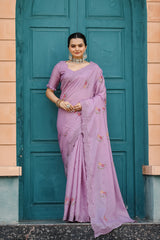 Lavender Tussar Cotton Saree with Floral Sequins Embroidery