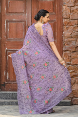 Lavender Pure Shiny Zari Chiffon Saree with Intricate Cutwork and Embroidery