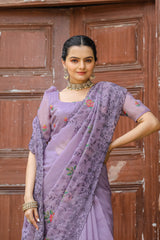 Lavender Pure Shiny Zari Chiffon Saree with Intricate Cutwork and Embroidery