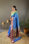 Blue Elegant Paithani Weaving Saree with Ganga Jamuna Border: Rich Pallu, All-Over Buttis & Unstitched Blouse Piece.