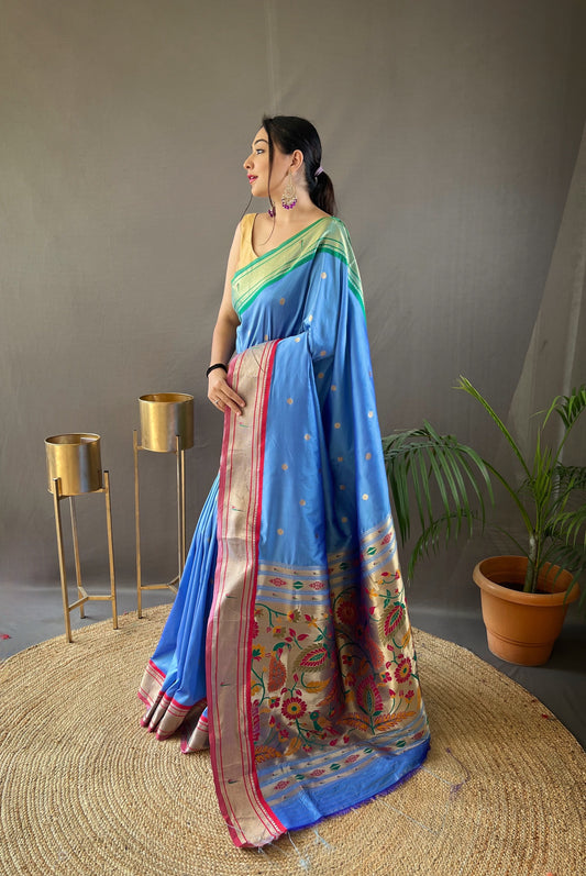 Paithani Weaving Saree with Ganga Jamuna Border in Blue Shades