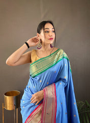 Blue Elegant Paithani Weaving Saree with Ganga Jamuna Border: Rich Pallu, All-Over Buttis & Unstitched Blouse Piece.