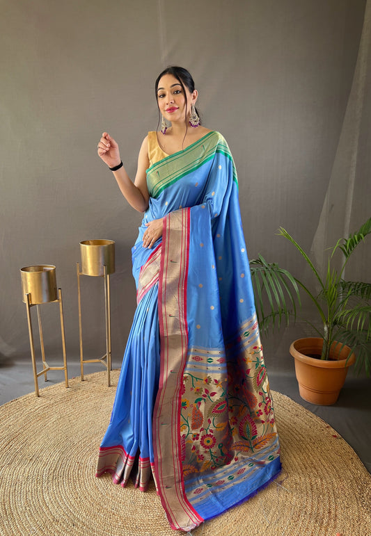 Paithani Weaving Saree with Ganga Jamuna Border in Blue Shades