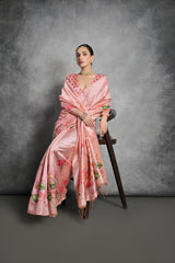 Exquisite Light Pink Tussar Silk Saree with Stunning Lotus Pichwai Print - A Blend of Traditional Elegance and Modern Floral Design.