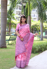 Light Pink Bangalore Handloom Raw Silk Saree with Running Blouse