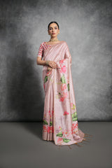 Exquisite Light Pink Tussar Silk Saree with Stunning Lotus Pichwai Print - A Blend of Traditional Elegance and Modern Floral Design.