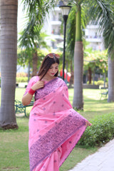 Light Pink Bangalore Handloom Raw Silk Saree with Running Blouse