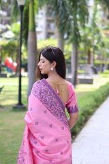 Light Pink Bangalore Handloom Raw Silk Saree with Running Blouse