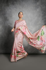 Exquisite Light Pink Tussar Silk Saree with Stunning Lotus Pichwai Print - A Blend of Traditional Elegance and Modern Floral Design.