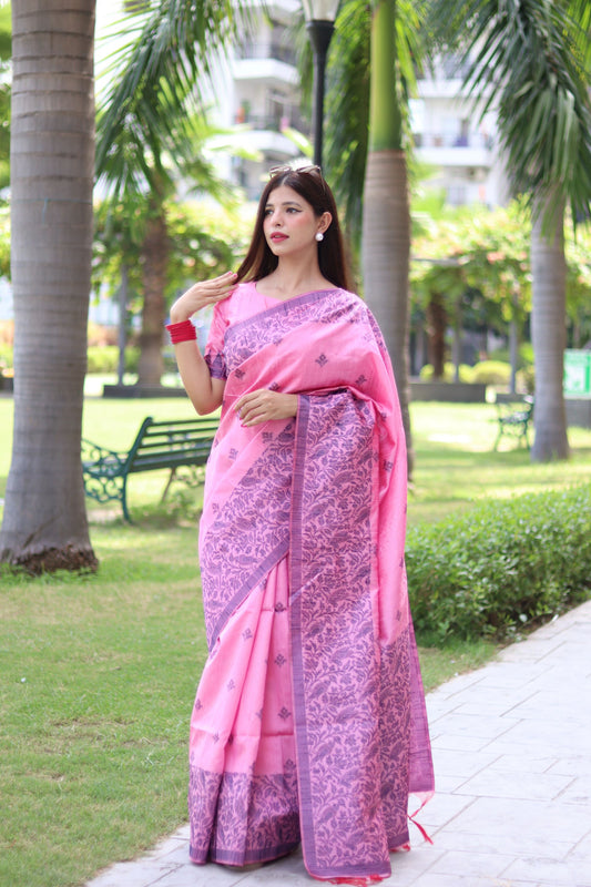 Light Pink Bangalore Handloom Raw Silk Saree with Running Blouse