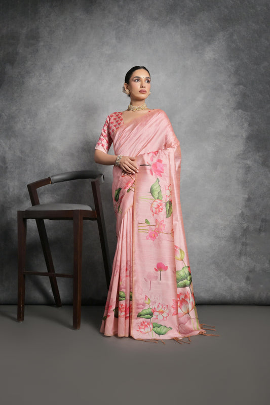 Exquisite Light Pink Tussar Silk Saree with Stunning Lotus Pichwai Print - A Blend of Traditional Elegance and Modern Floral Design.