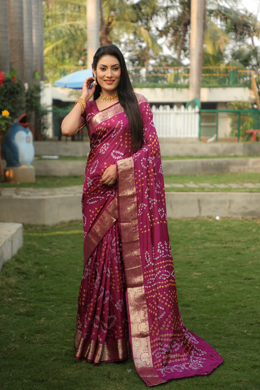 Maroon Handmade Bandhej Silk Saree With Matching Blouse