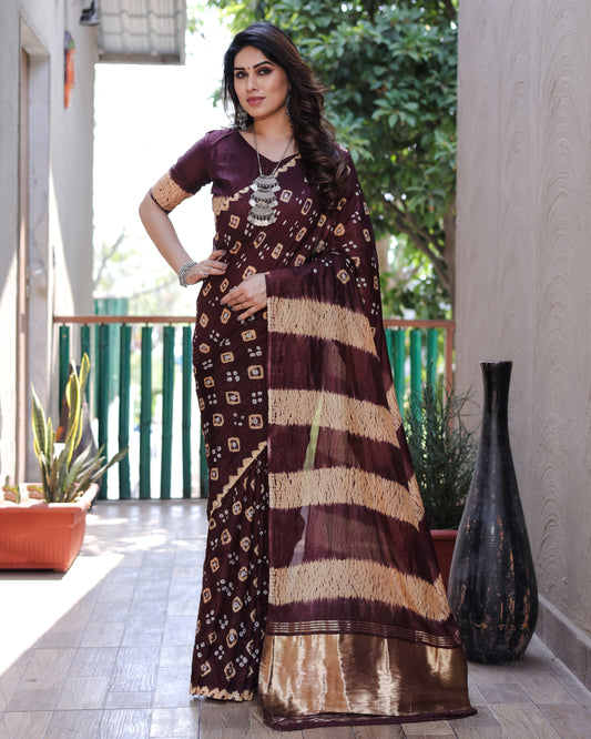 Maroon Bandhej Silk Saree with Tissue Pallu and Sibory Design