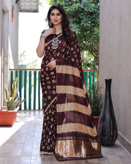 Authentic Maroon Bandhej Silk Saree with Zari Weaving, Rich Tissue Pallu, Sibory Design & Matching Blouse.