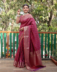 Luxury Handloom Maroon Silk Bandhej Patola Sarees with Kanchi Borders and Unstitched Blouse Piece.