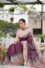 Maroon Tussar Print Soft Warli Print Saree for Weddings
