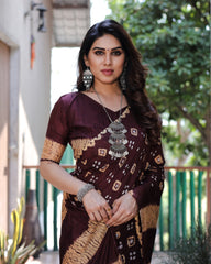 Authentic Maroon Bandhej Silk Saree with Zari Weaving, Rich Tissue Pallu, Sibory Design & Matching Blouse.