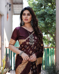 Maroon Bandhej Silk Saree with Tissue Pallu and Sibory Design