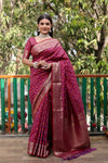 Luxury Handloom Maroon Silk Bandhej Patola Sarees with Kanchi Borders and Unstitched Blouse Piece.