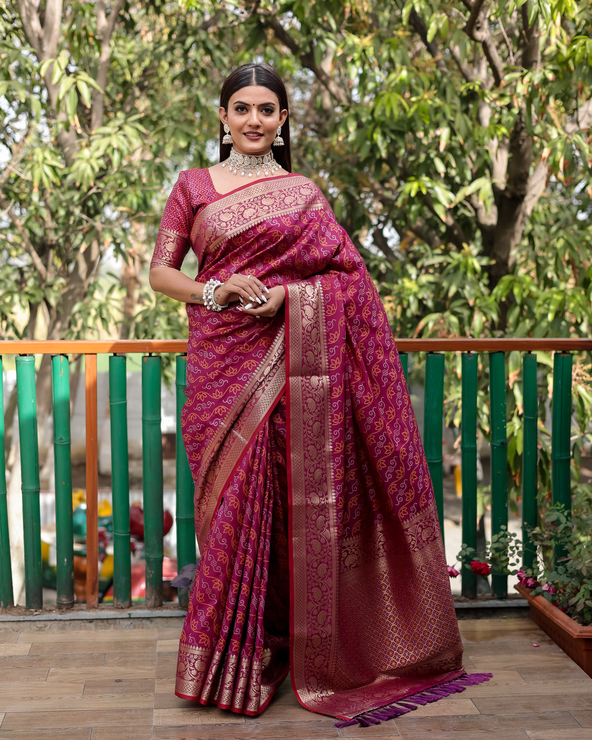 Luxury Handloom Maroon Silk Bandhej Patola Sarees with Kanchi Borders and Unstitched Blouse Piece.