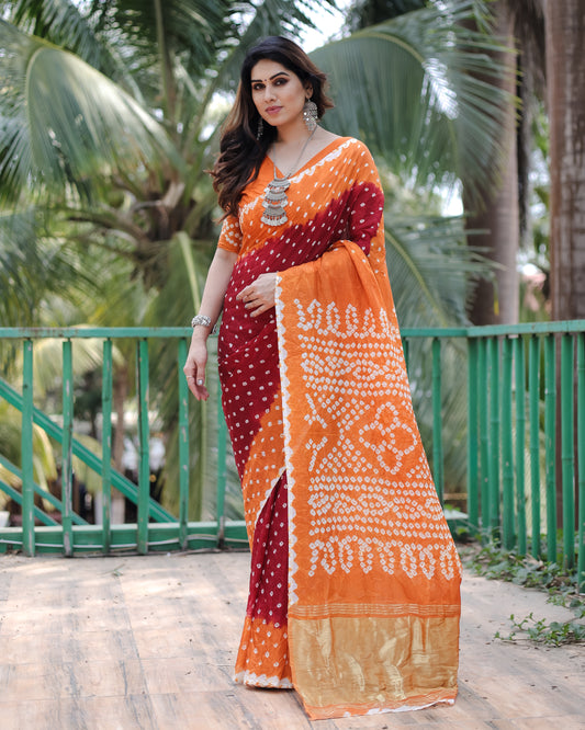 Maroon Pure Bandhej Silk Saree With Tissue Pallu