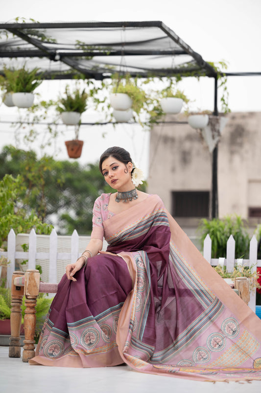 Maroon Tussar Print Soft Warli Print Saree for Weddings