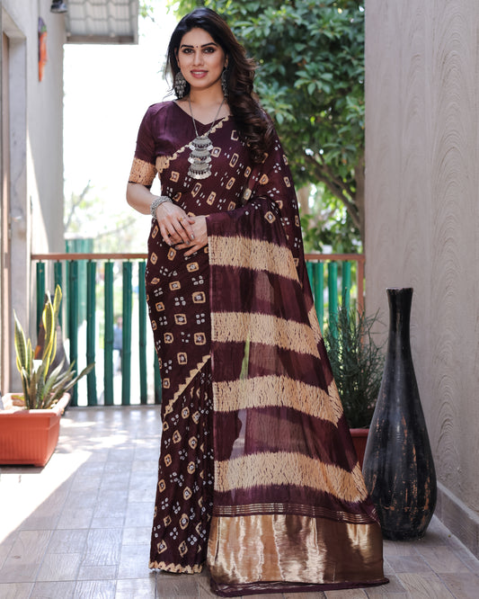 Maroon Bandhej Silk Saree with Tissue Pallu and Sibory Design