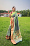 Mehndi Color Paithani Weaving Saree with Ganga Jamuna Border: Elegant Rich Pallu, All-Over Buttis, and New Concept Design.