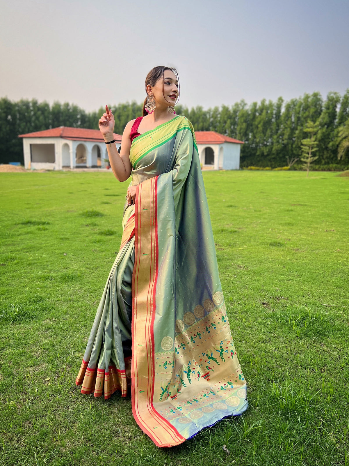 Mehndi Color Paithani Weaving Saree with Ganga Jamuna Border: Elegant Rich Pallu, All-Over Buttis, and New Concept Design.