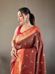 Mehndi Color Paithani Silk Saree with Rich Contrast Weaving Pallu, Border & Beautiful Buttis | Conceptual Brocade Unstitched Blouse Piece Included.