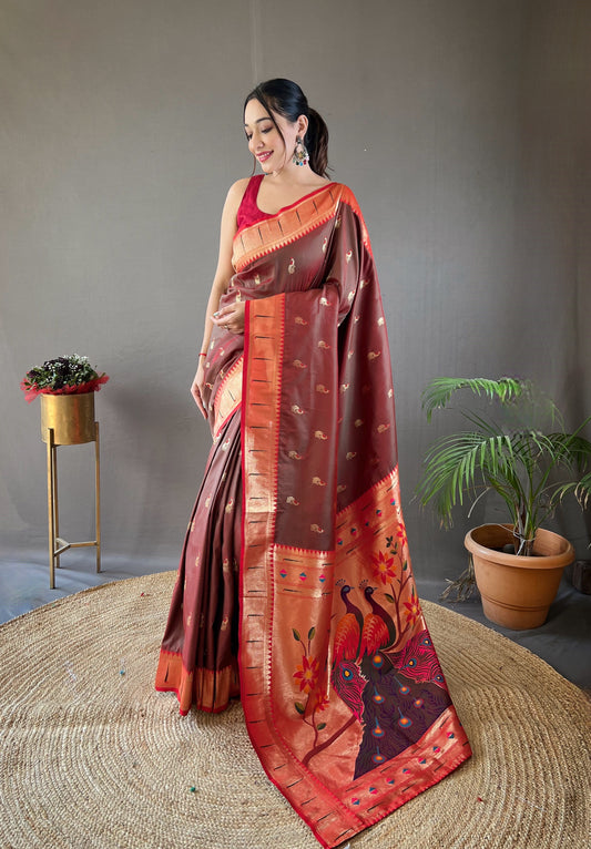 Mehndi Color Paithani Silk Saree with Contrast Weaving Pallu