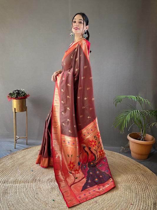 Mehndi Color Paithani Silk Saree with Contrast Weaving Pallu