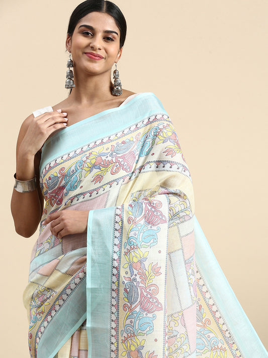 Sea Green Pure Linen Saree with Floral Print