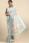 Sea Green Pure Linen Saree with Floral Print