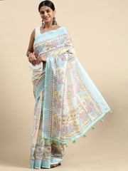 Sea Green Pure Linen Saree with Floral Print