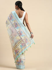 Sea Green Pure Linen Saree with Floral Print