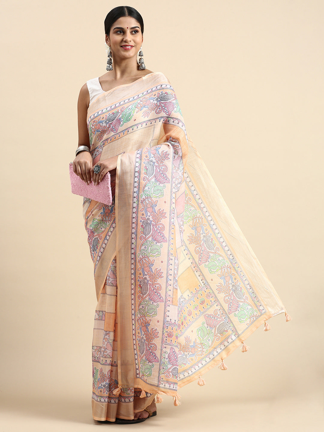 Orange Pure Linen Saree With Floral Print