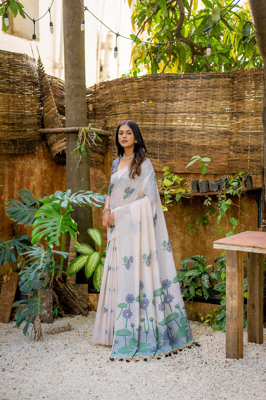 Navy Blue Muga Cotton Saree