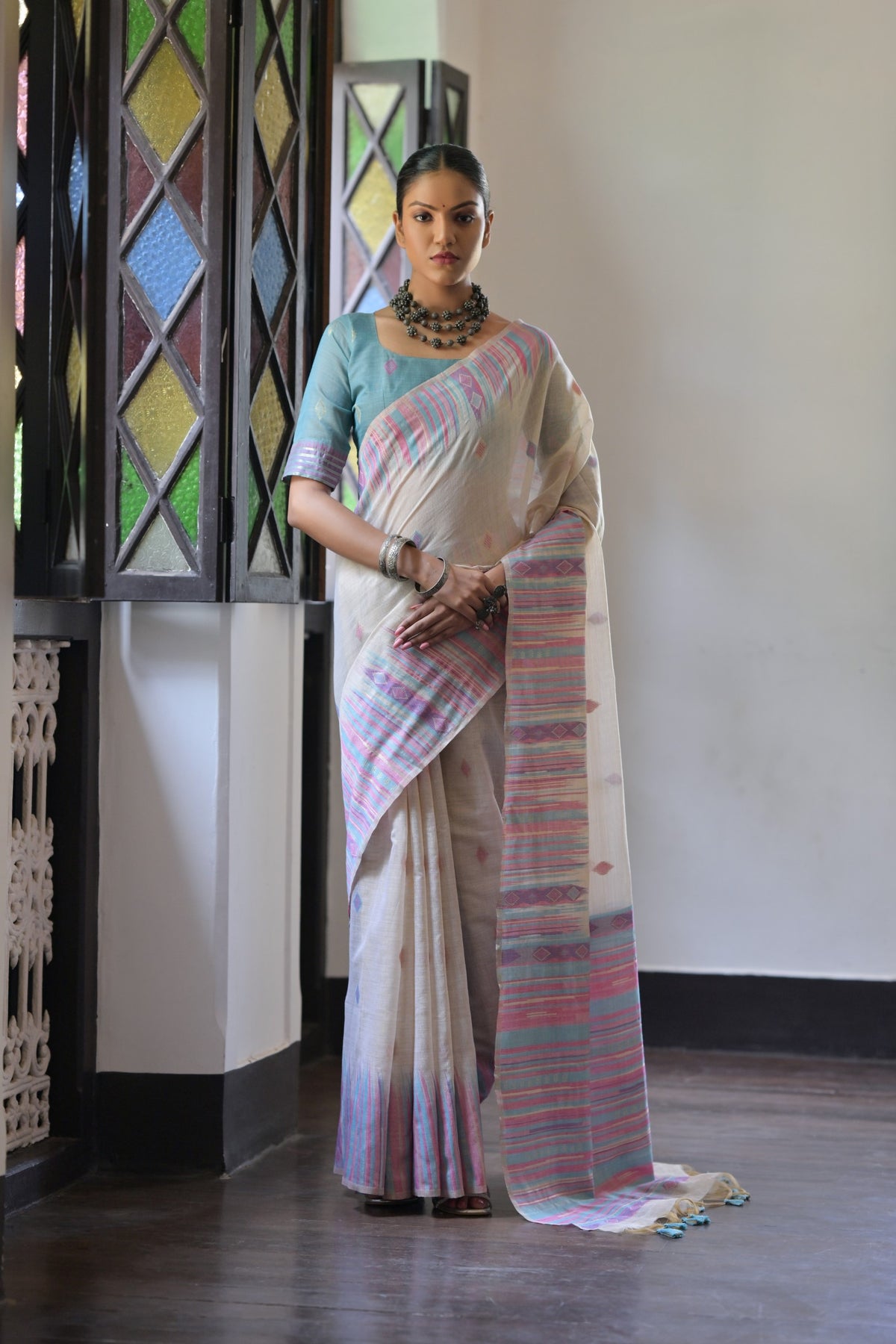 Firozi Soft Muga Cotton Saree