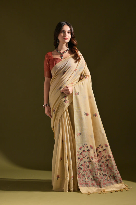 Cream Color Soft Muga Cotton Saree Floral Weaving